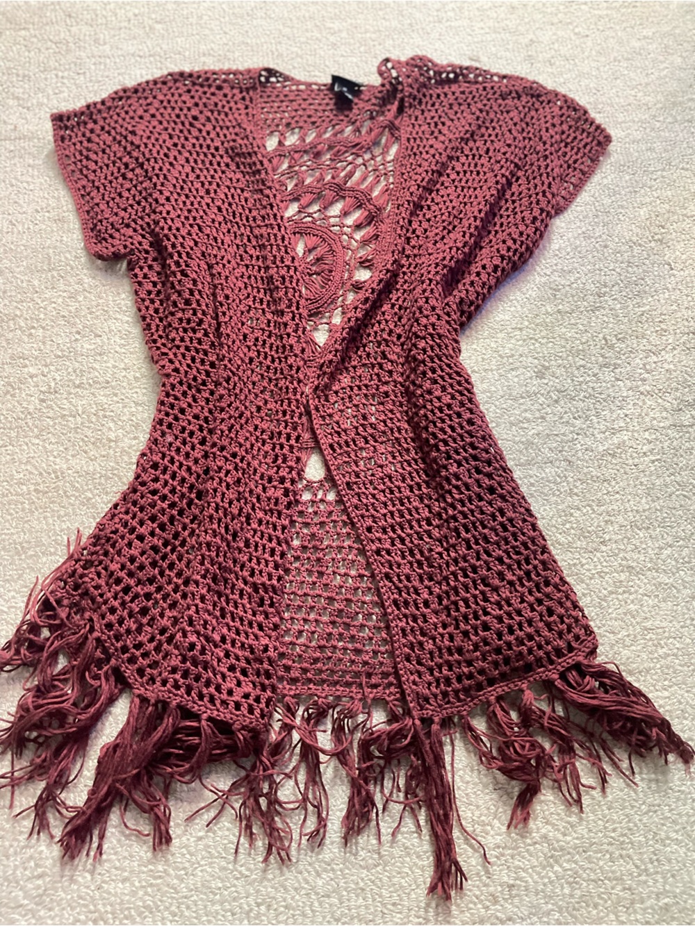 Oversized Burgundy Crochet Kimono Open-Front Cardigan with Fringe